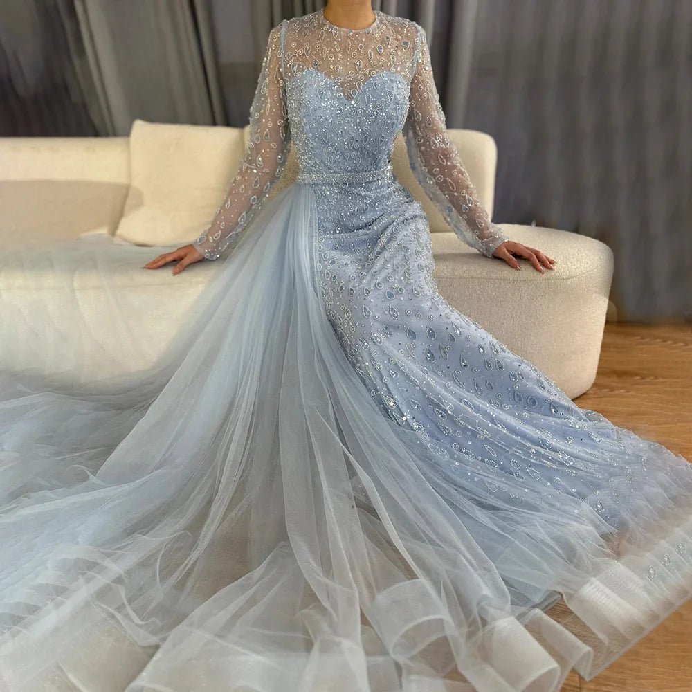 Luxury Dubai  Elegant Blue Saudi Arabic Evening Gown with Beaded Side Overskirt Dress for Formal Occasion LA72734