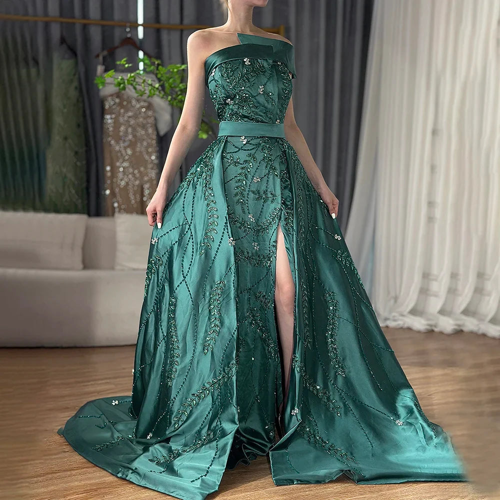Luxury Green One Shoulder Satin Evening Dress with Overskirt LA72178