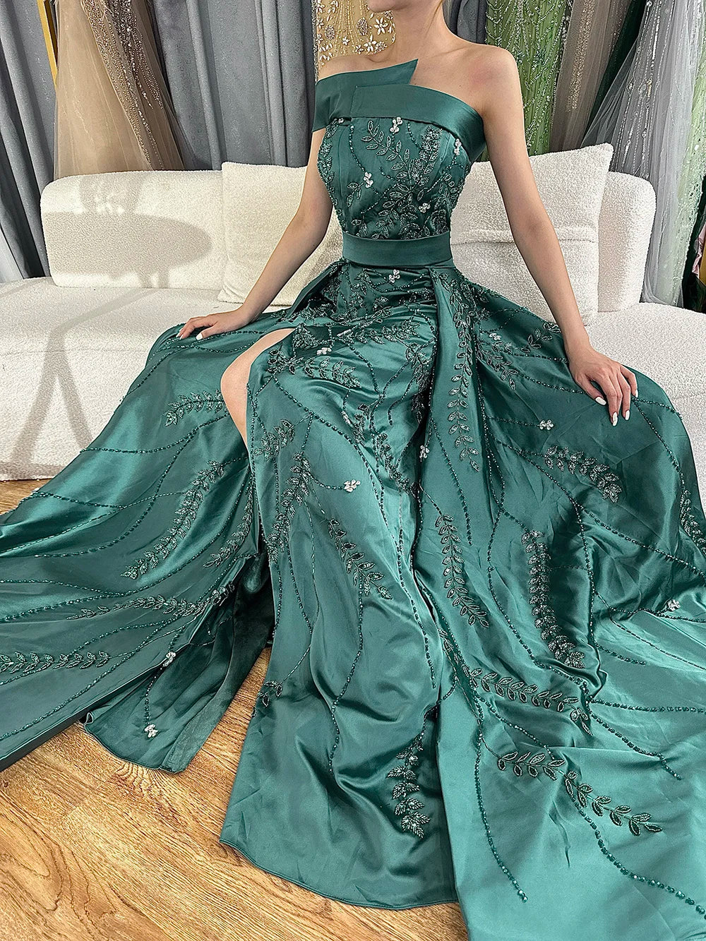 Luxury Green One Shoulder Satin Evening Dress with Overskirt LA72178