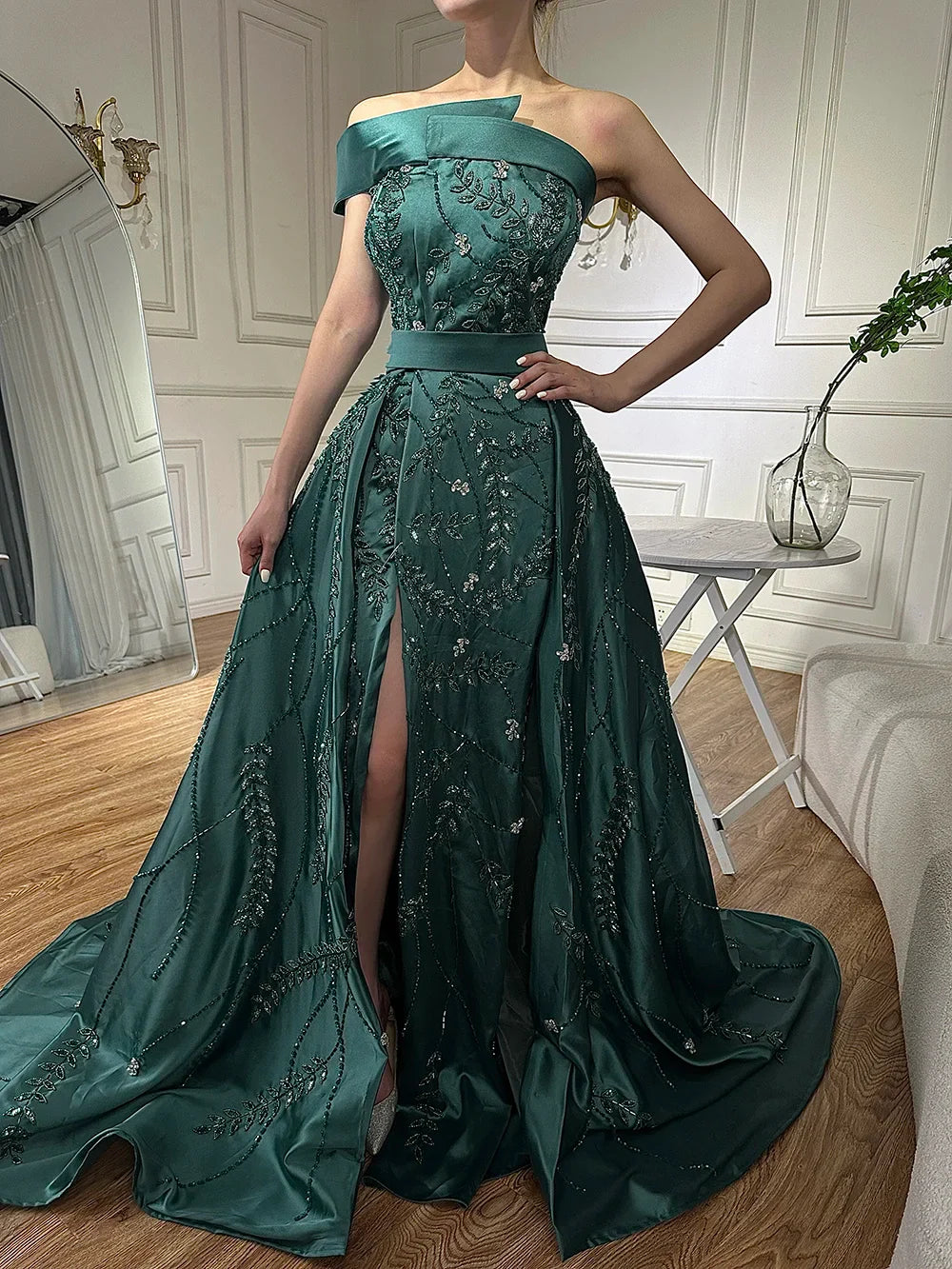 Luxury Green One Shoulder Satin Evening Dress with Overskirt LA72178