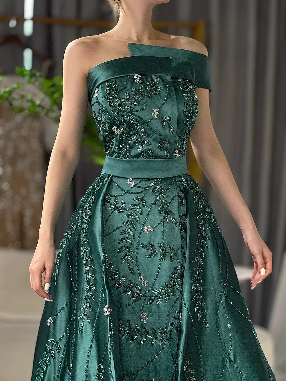 Luxury Green One Shoulder Satin Evening Dress with Overskirt LA72178