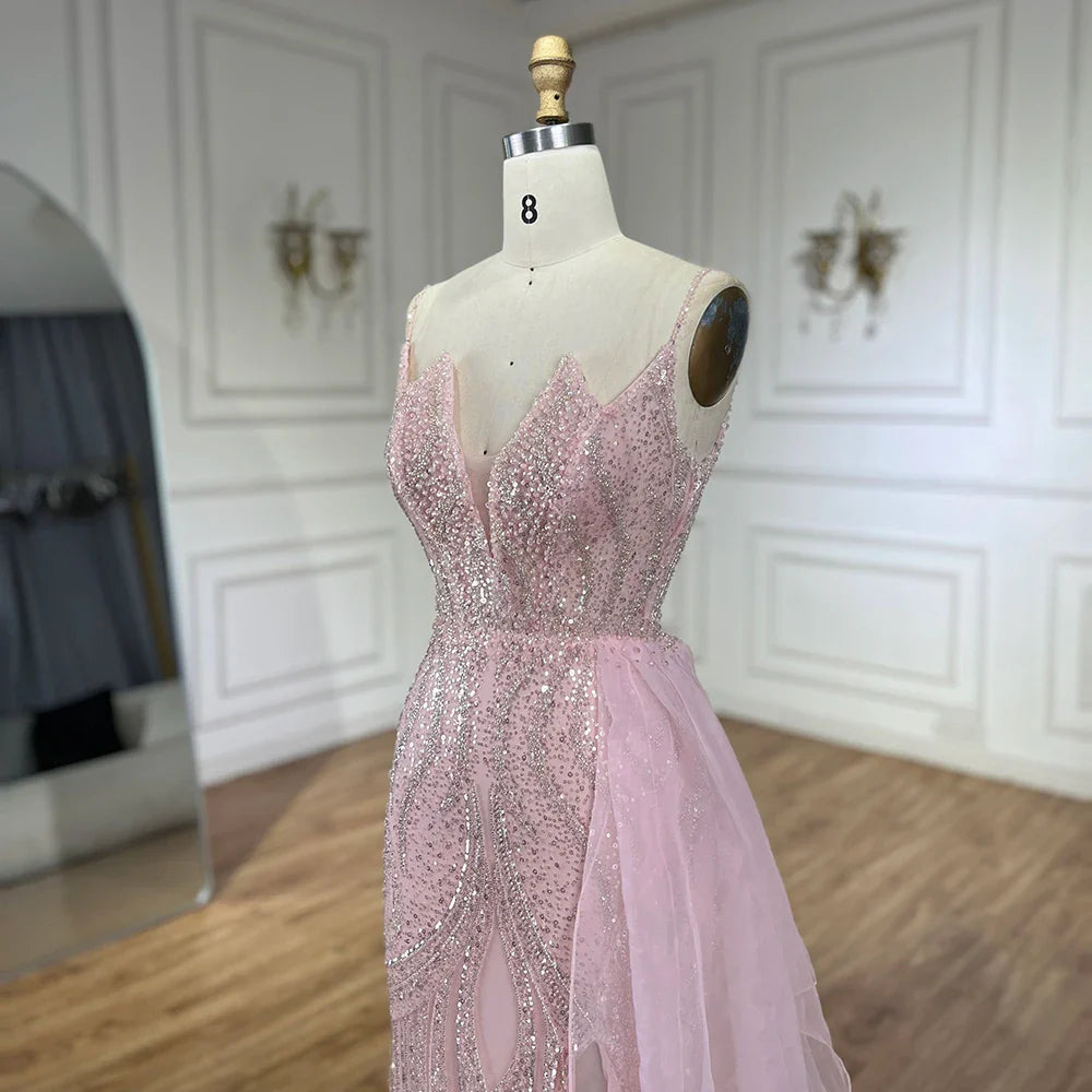 Light Pink Spaghetti Strap Mermaid Evening Dress with Beaded Overskirt LA72378A