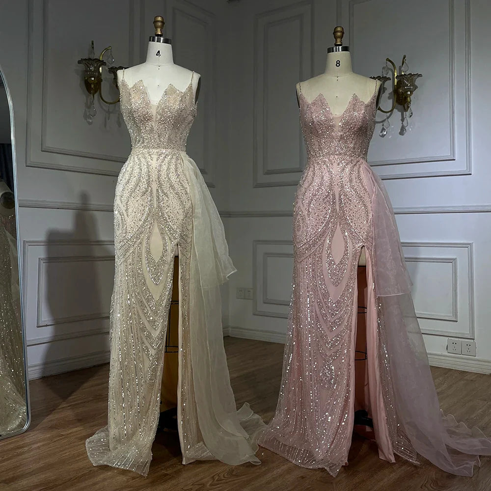 Light Pink Spaghetti Strap Mermaid Evening Dress with Beaded Overskirt LA72378A