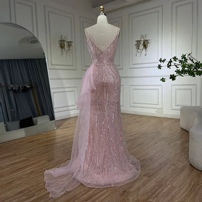 Light Pink Spaghetti Strap Mermaid Evening Dress with Beaded Overskirt LA72378A