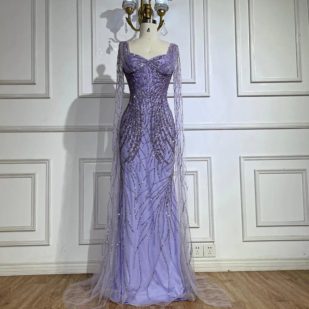 Serene Hill  Lilac Cape Sleeves Mermaid Lace Beaded Luxury Dubai Long Evening Dresses Gowns for Women Wedding Party LA72697