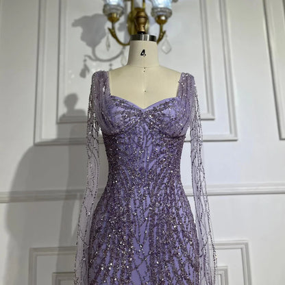 Serene Hill  Lilac Cape Sleeves Mermaid Lace Beaded Luxury Dubai Long Evening Dresses Gowns for Women Wedding Party LA72697
