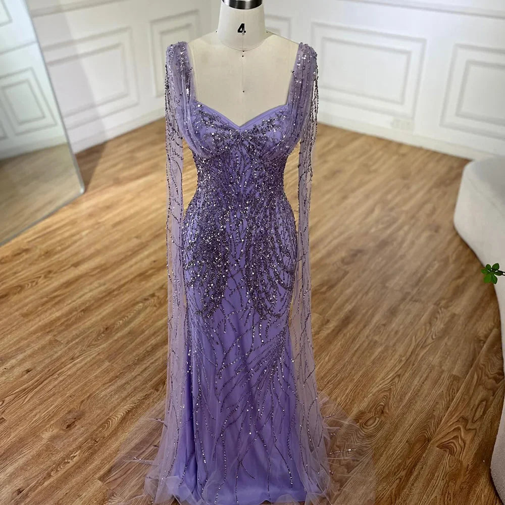 Serene Hill  Lilac Cape Sleeves Mermaid Lace Beaded Luxury Dubai Long Evening Dresses Gowns for Women Wedding Party LA72697