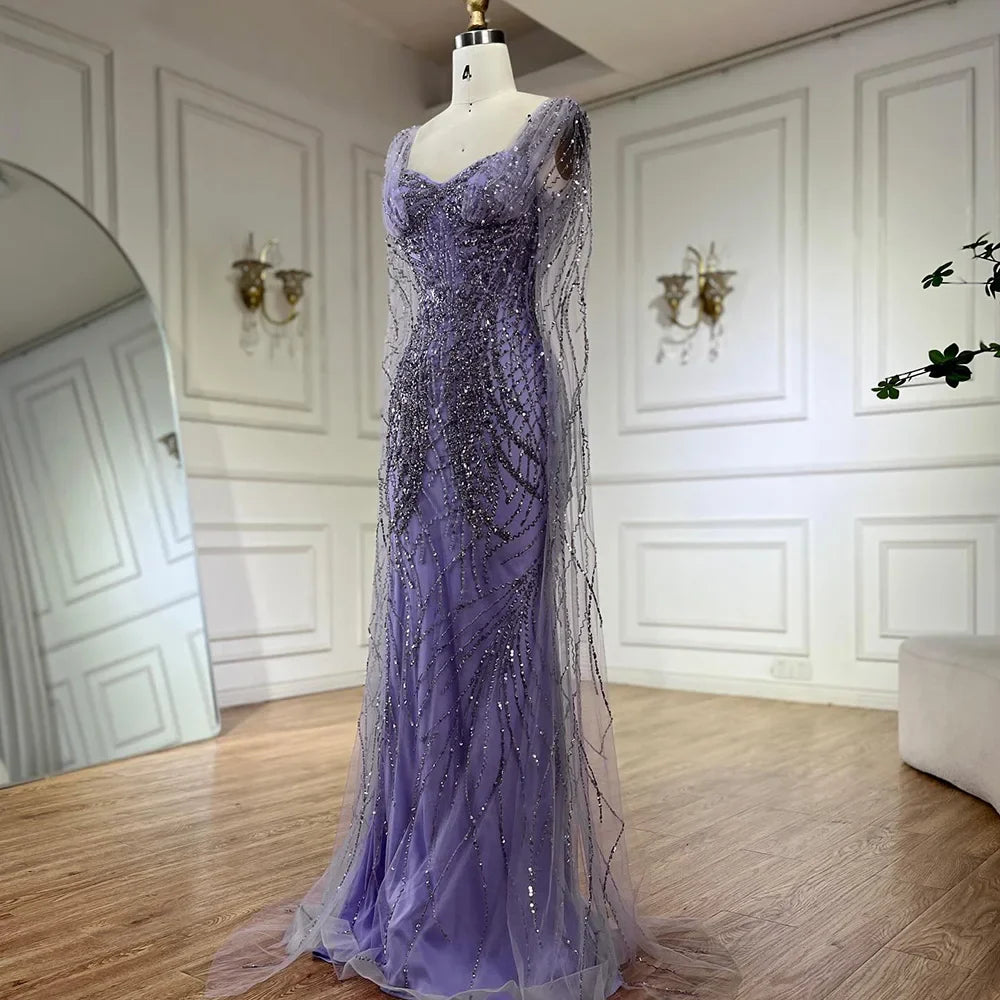 Serene Hill  Lilac Cape Sleeves Mermaid Lace Beaded Luxury Dubai Long Evening Dresses Gowns for Women Wedding Party LA72697