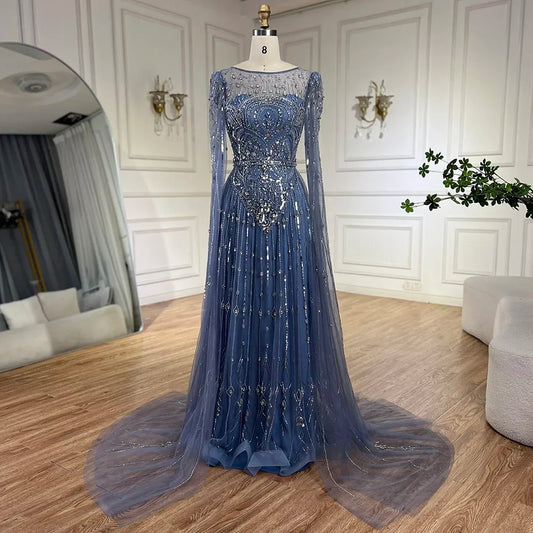 Luxury Designer Blue Beaded Stone Arabic Evening Dress With Cape Sleeve LA72635