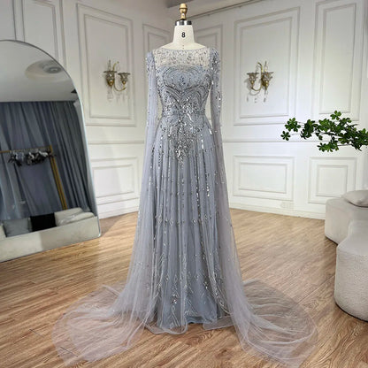 Luxury Designer Blue Beaded Stone Arabic Evening Dress With Cape Sleeve LA72635