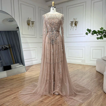 Luxury Designer Blue Beaded Stone Arabic Evening Dress With Cape Sleeve LA72635