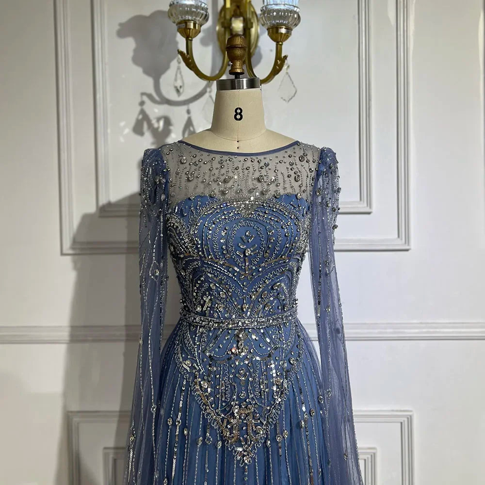 Luxury Designer Blue Beaded Stone Arabic Evening Dress With Cape Sleeve LA72635
