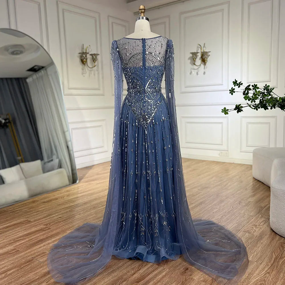 Luxury Designer Blue Beaded Stone Arabic Evening Dress With Cape Sleeve LA72635