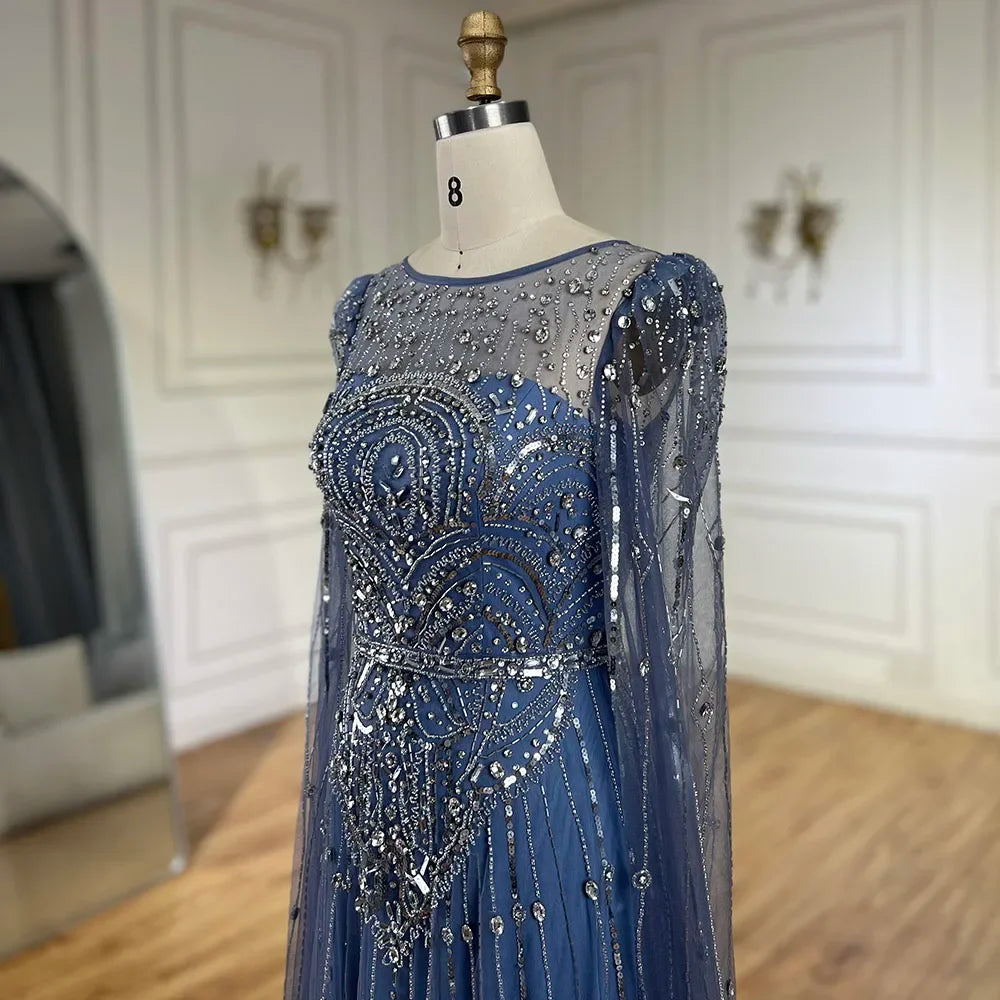Luxury Designer Blue Beaded Stone Arabic Evening Dress With Cape Sleeve LA72635