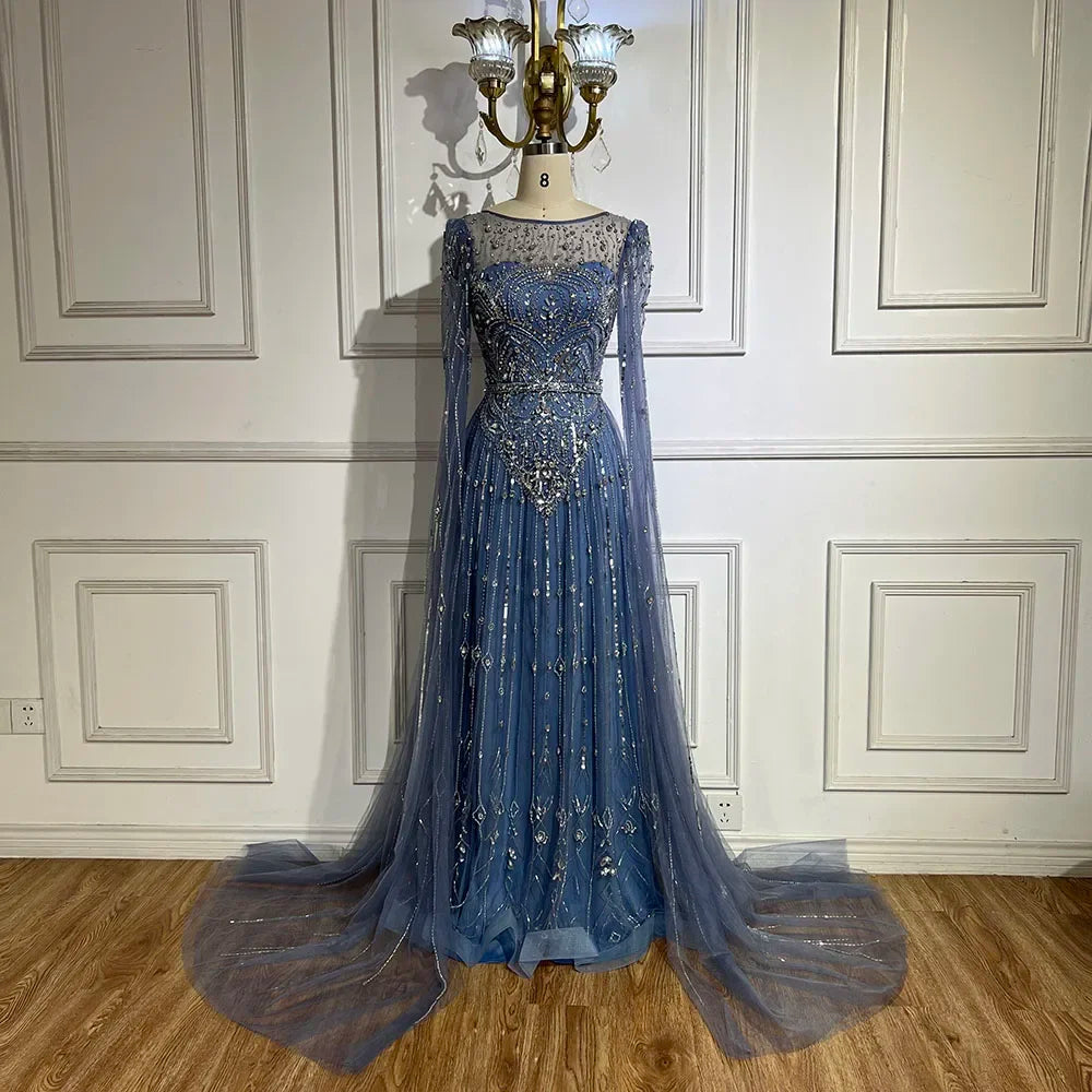 Luxury Designer Blue Beaded Stone Arabic Evening Dress With Cape Sleeve LA72635