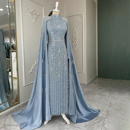 Luxury Blue Muslim Mermaid Beaded Evening Gowns with Cape Sleeves LA72533