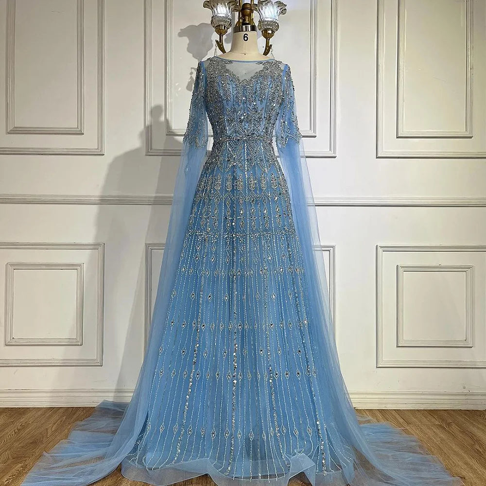 Luxury Blue A-Line Evening Dress with Beaded Cape Sleeves LA72666