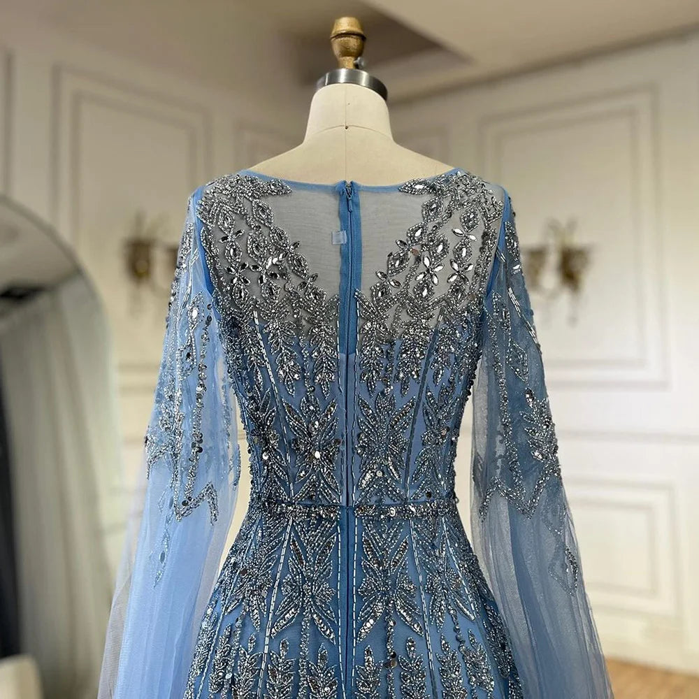Luxury Blue A-Line Evening Dress with Beaded Cape Sleeves LA72666