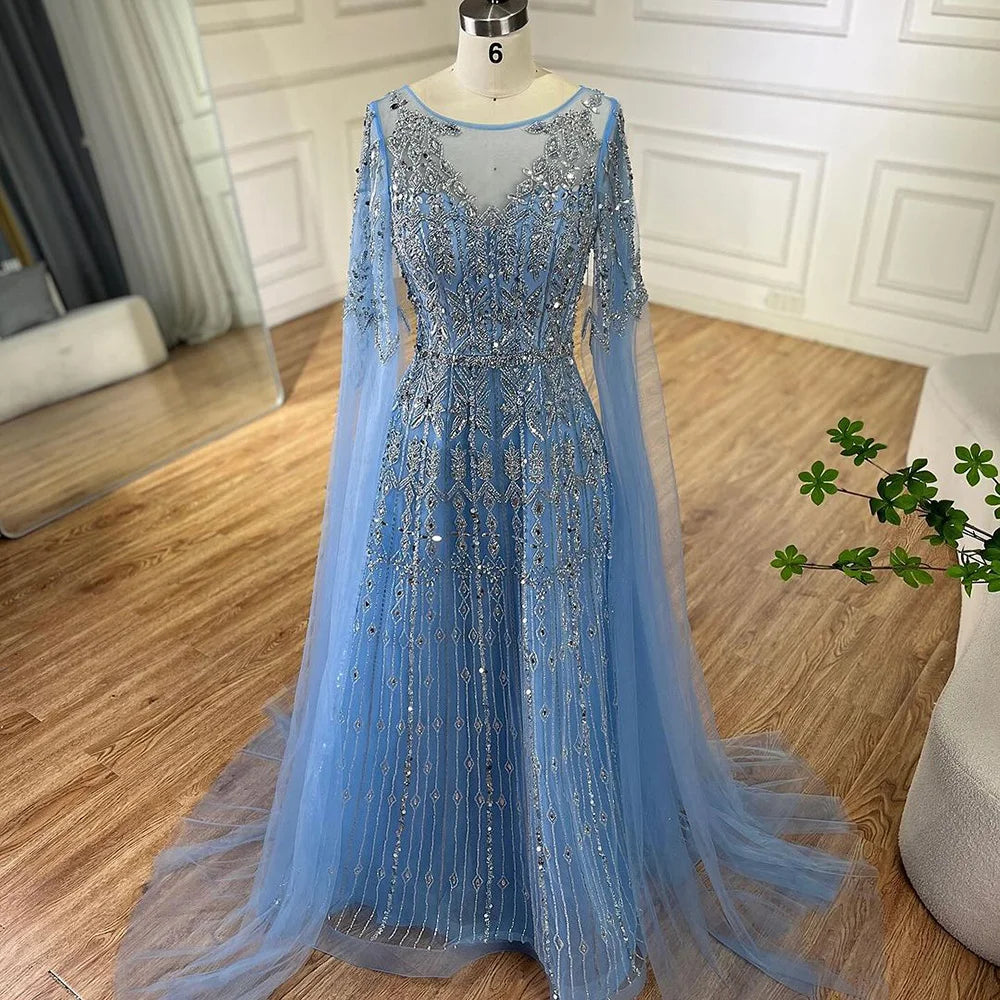 Luxury Blue A-Line Evening Dress with Beaded Cape Sleeves LA72666