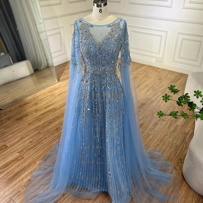 Luxury Blue A-Line Evening Dress with Beaded Cape Sleeves LA72666