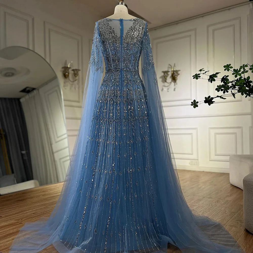 Luxury Blue A-Line Evening Dress with Beaded Cape Sleeves LA72666