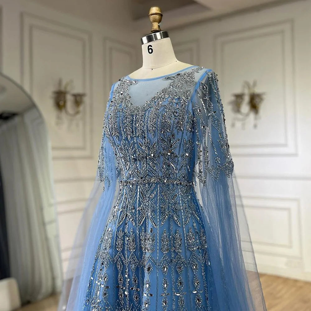 Luxury Blue A-Line Evening Dress with Beaded Cape Sleeves LA72666