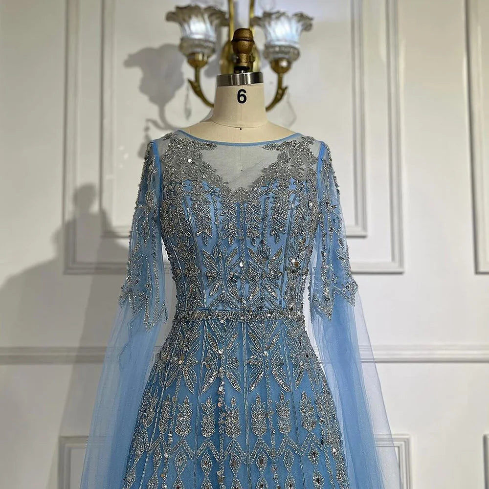 Luxury Blue A-Line Evening Dress with Beaded Cape Sleeves LA72666