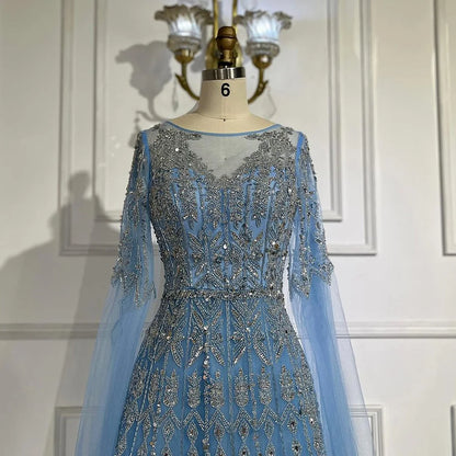 Luxury Blue A-Line Evening Dress with Beaded Cape Sleeves LA72666
