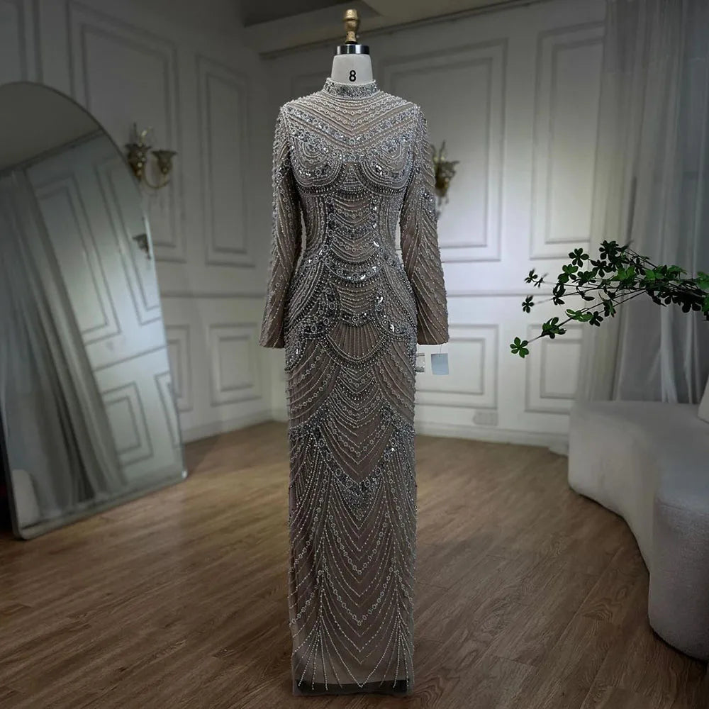 Luxury Muslim Nude Elegant Mermaid High Split Beaded Evening Dress Gown LA72091L