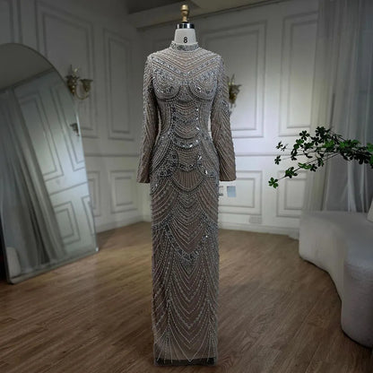Luxury Muslim Nude Elegant Mermaid High Split Beaded Evening Dress Gown LA72091L