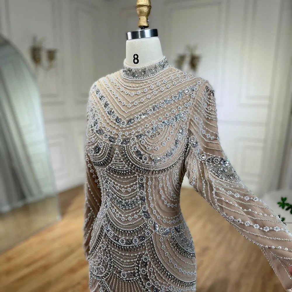 Luxury Muslim Nude Elegant Mermaid High Split Beaded Evening Dress Gown LA72091L