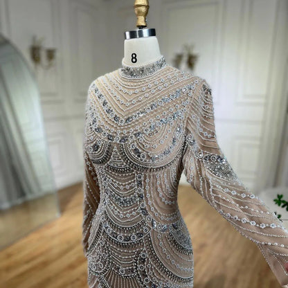 Luxury Muslim Nude Elegant Mermaid High Split Beaded Evening Dress Gown LA72091L