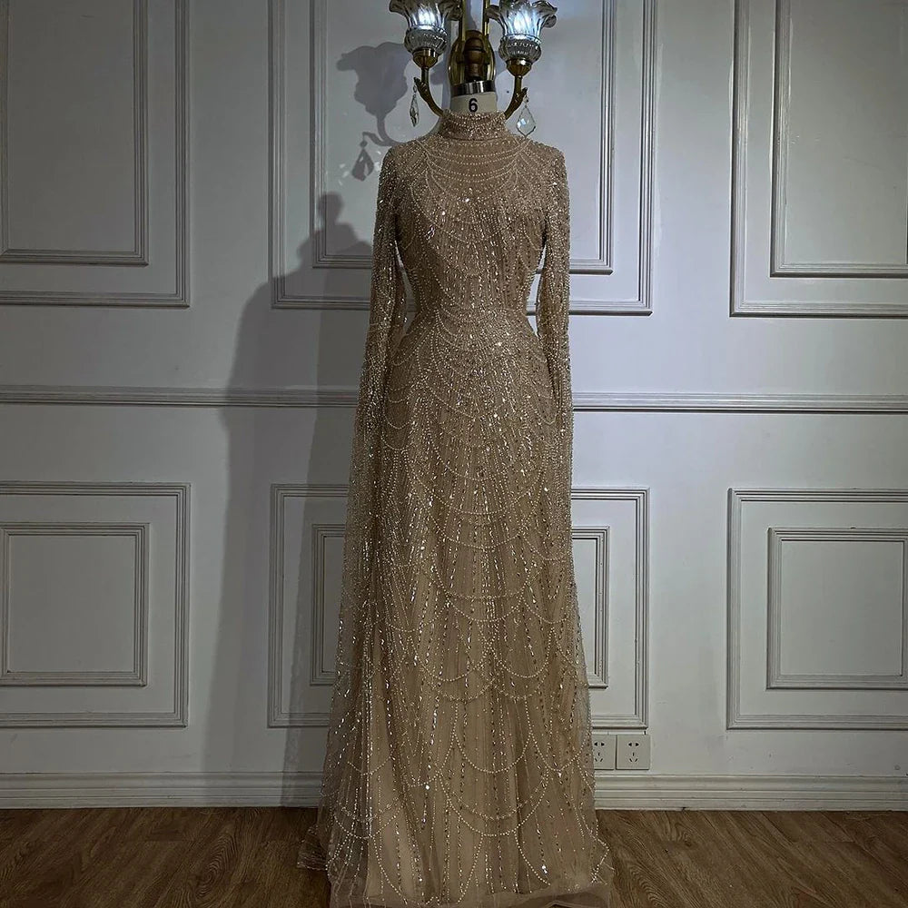 Luxury Dubai  Muslim Sage Green Pearls  Evening  Dress With Cape Plus Size LA72591