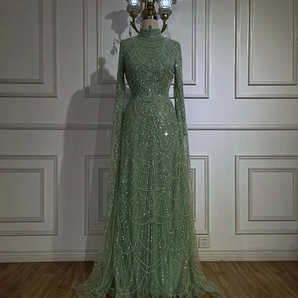 Luxury Dubai  Muslim Sage Green Pearls  Evening  Dress With Cape Plus Size LA72591