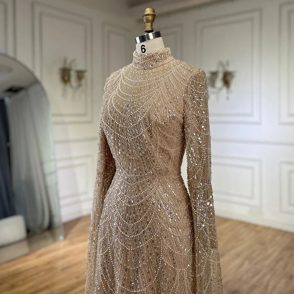 Luxury Dubai  Muslim Sage Green Pearls  Evening  Dress With Cape Plus Size LA72591