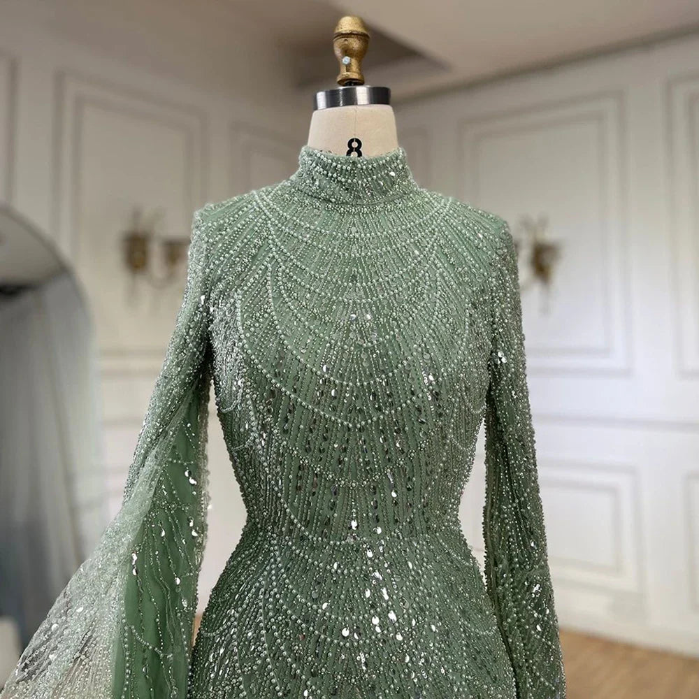 Luxury Dubai  Muslim Sage Green Pearls  Evening  Dress With Cape Plus Size LA72591