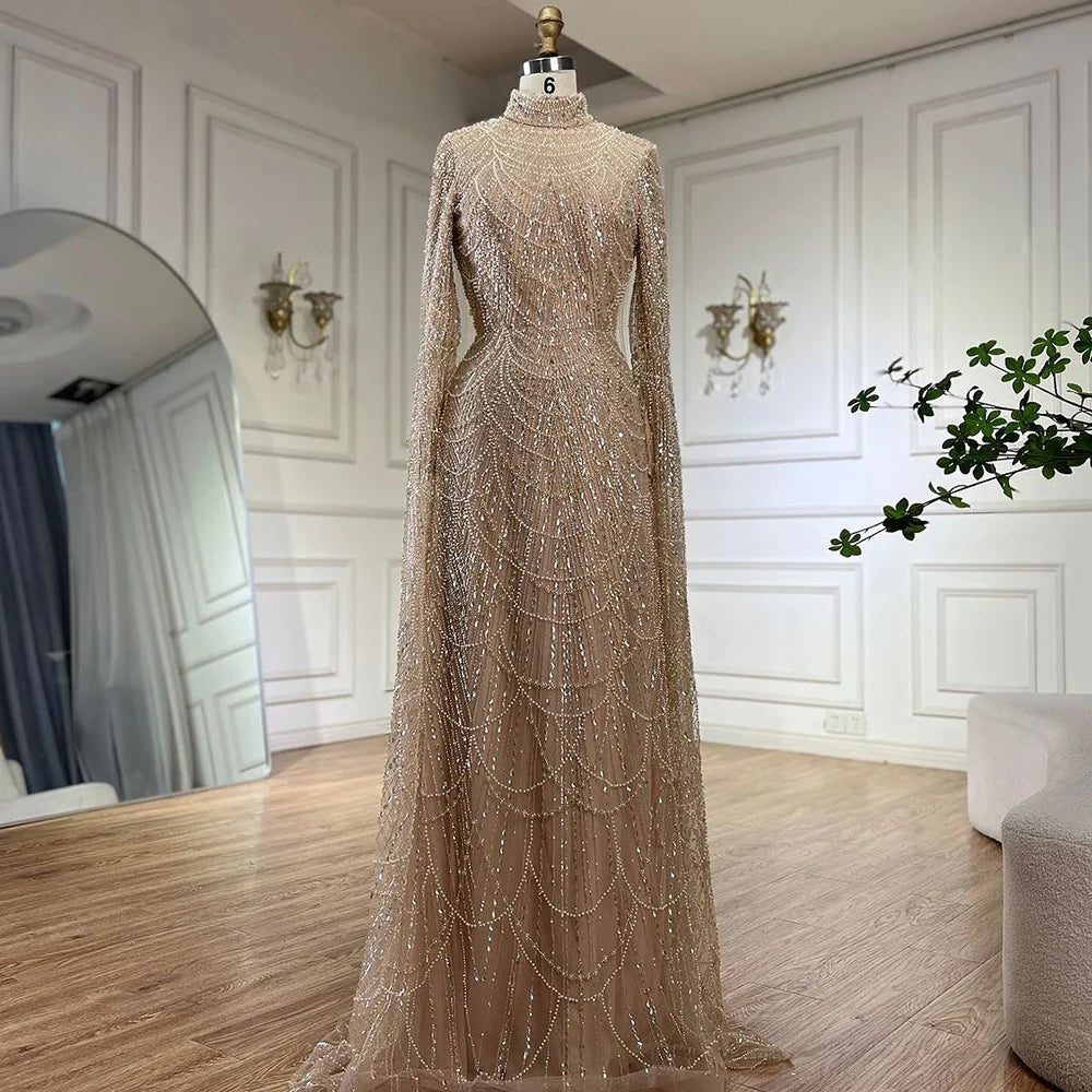 Luxury Dubai  Muslim Sage Green Pearls  Evening  Dress With Cape Plus Size LA72591