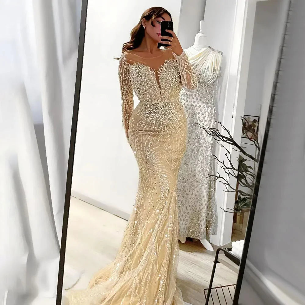 Luxury Dubai White Nude Mermaid Evening Dress With  Long Sleeve LA72634