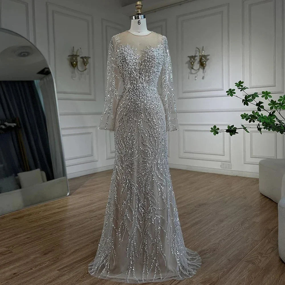Luxury Dubai White Nude Mermaid Evening Dress With  Long Sleeve LA72634