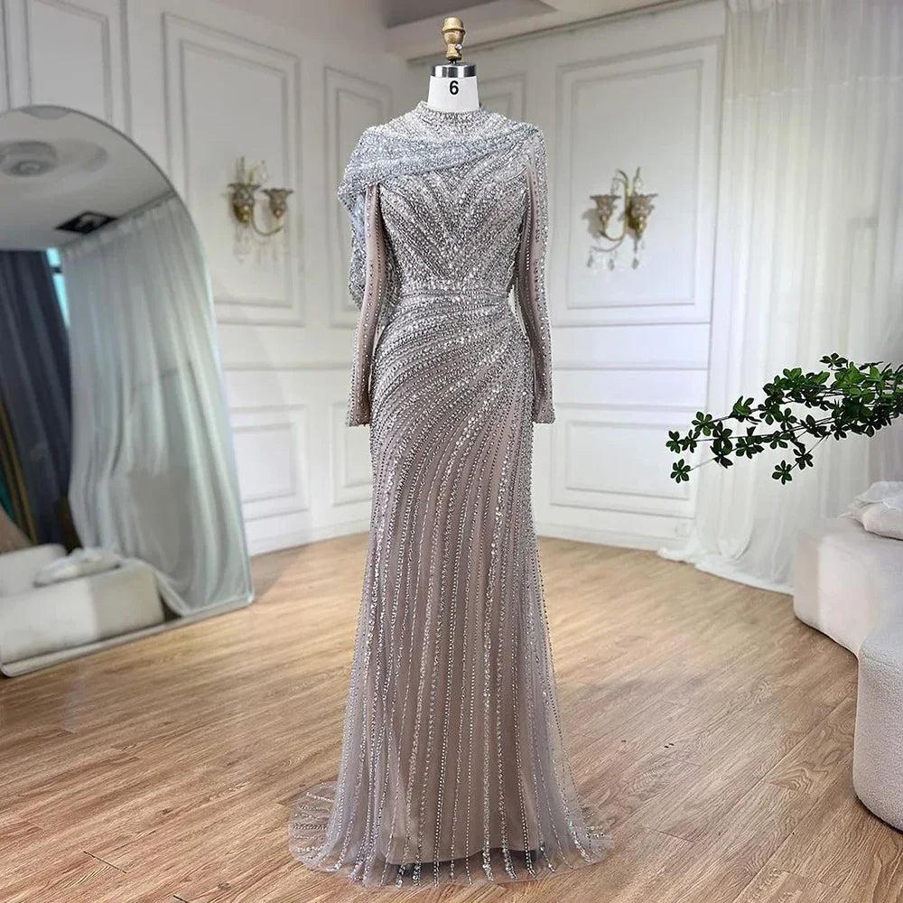 Luxury Muslim Silver Nude Beaded Sparkle long sleeve Evening Dress LA70752H