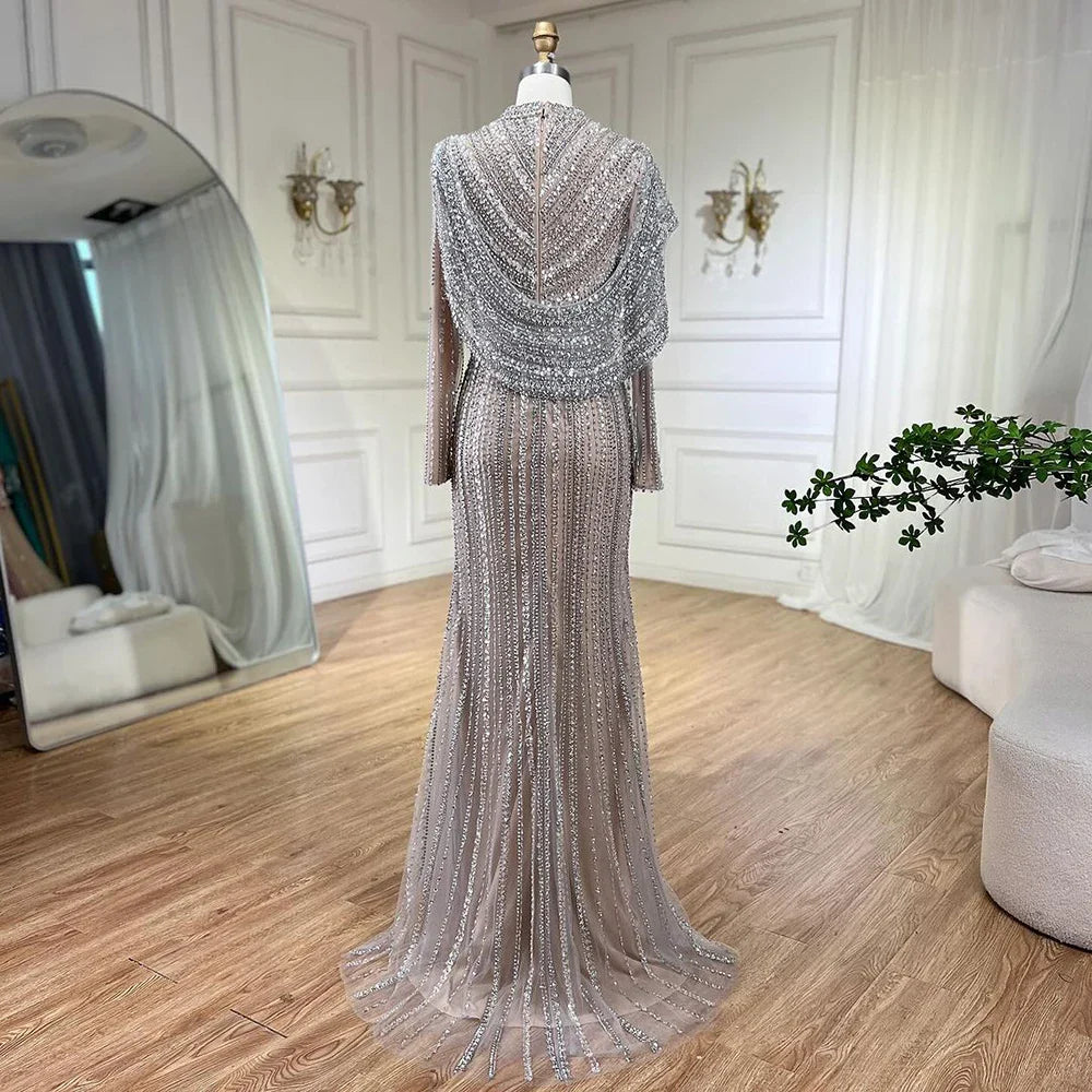 Luxury Muslim Silver Nude Beaded Sparkle long sleeve Evening Dress LA70752H