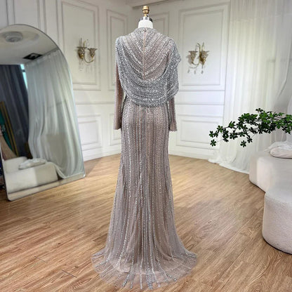 Luxury Muslim Silver Nude Beaded Sparkle long sleeve Evening Dress LA70752H