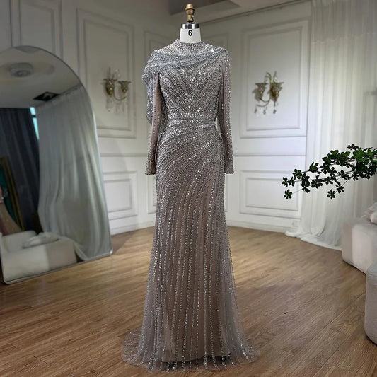 Luxury Muslim Silver Nude Beaded Sparkle long sleeve Evening Dress LA70752H