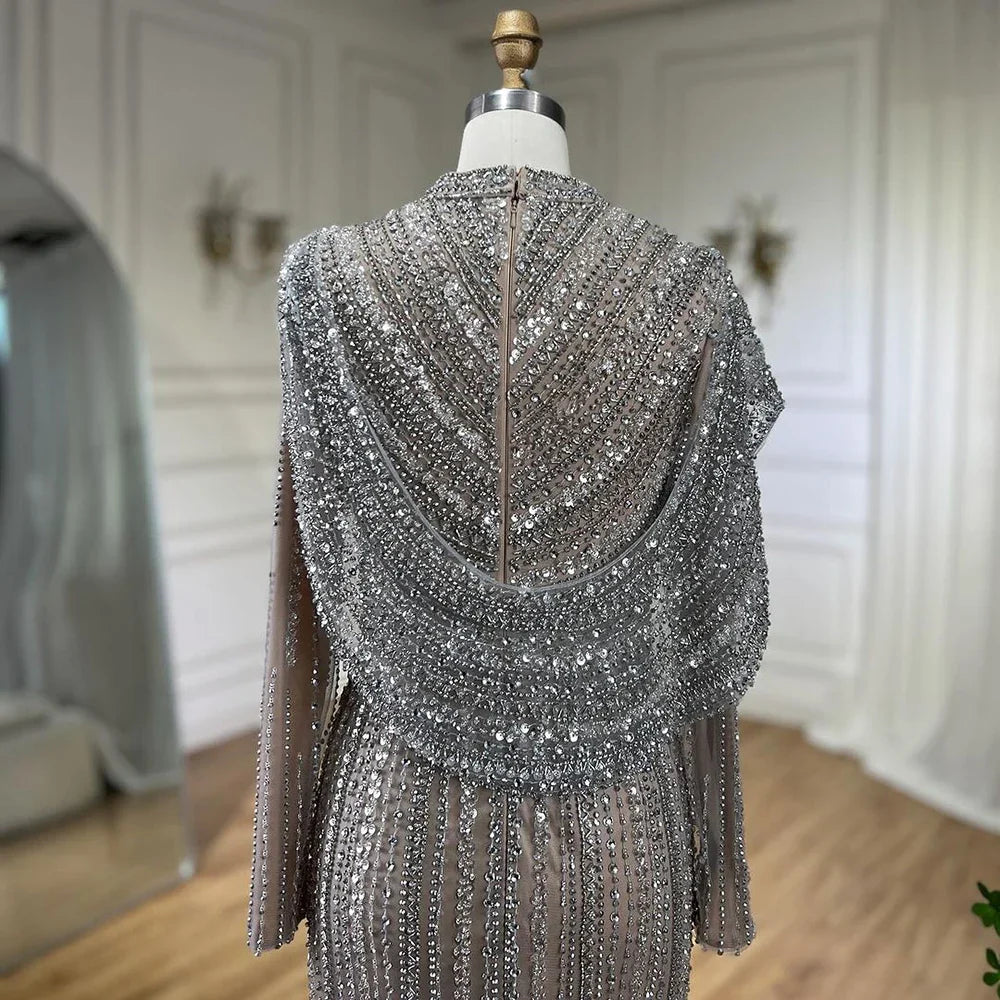 Luxury Muslim Silver Nude Beaded Sparkle long sleeve Evening Dress LA70752H