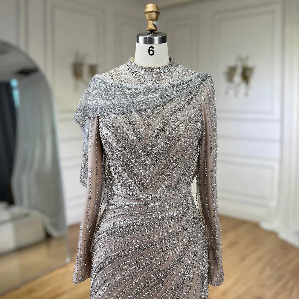Luxury Muslim Silver Nude Beaded Sparkle long sleeve Evening Dress LA70752H