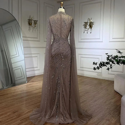 Luxury Black Nude Mermaid Evening Dresses with Cape Sleeves LA71885A