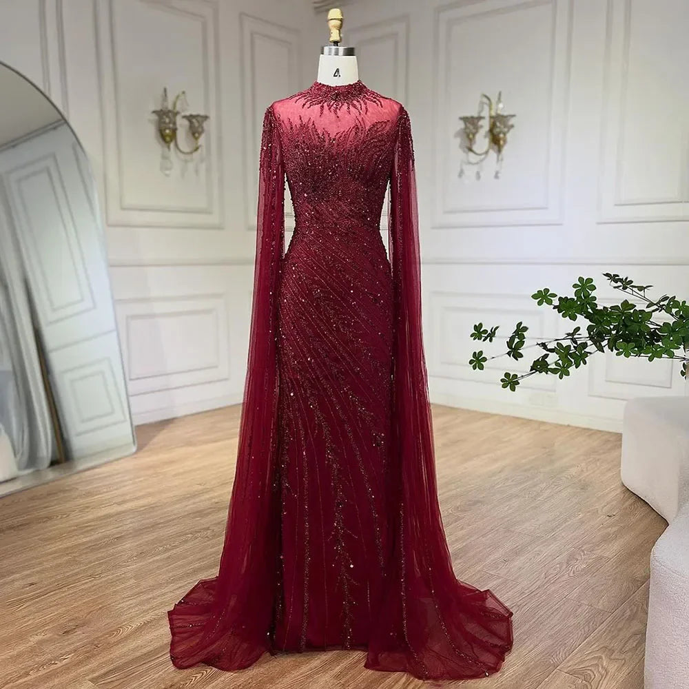 Luxury Black Nude Mermaid Evening Dresses with Cape Sleeves LA71885A