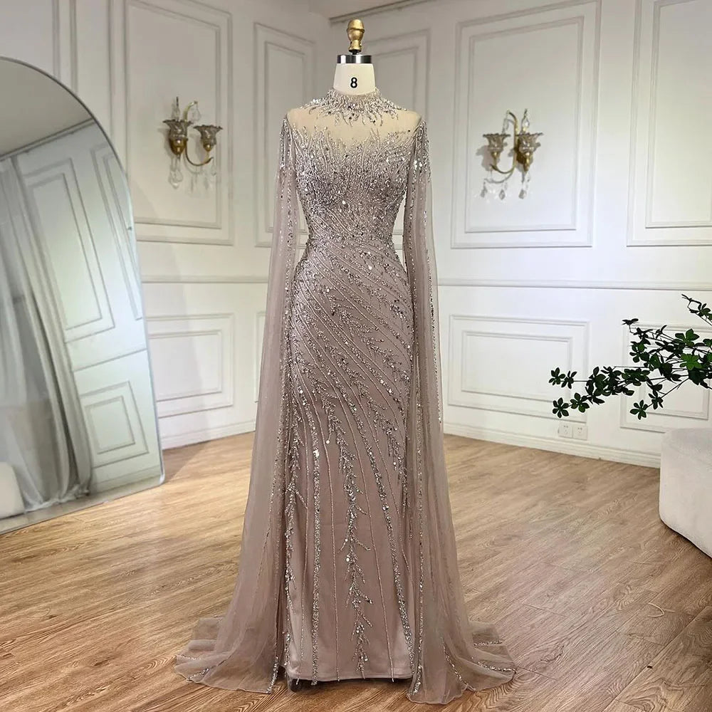 Luxury Black Nude Mermaid Evening Dresses with Cape Sleeves LA71885A