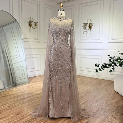Luxury Black Nude Mermaid Evening Dresses with Cape Sleeves LA71885A