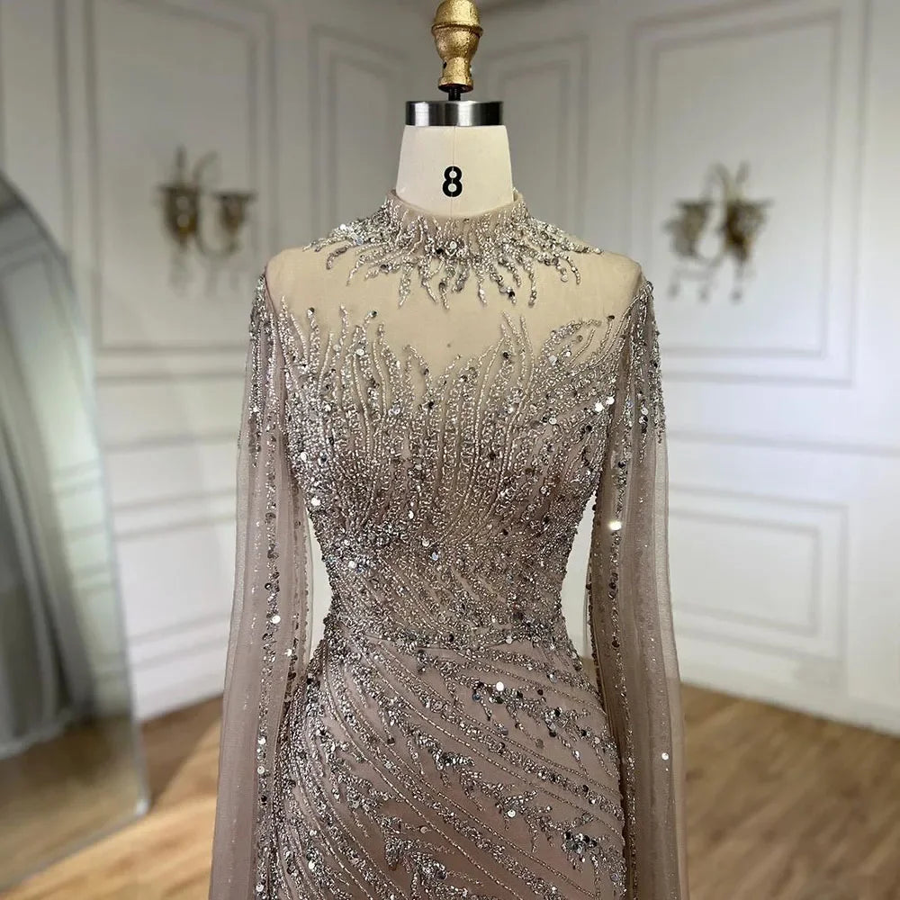 Luxury Black Nude Mermaid Evening Dresses with Cape Sleeves LA71885A